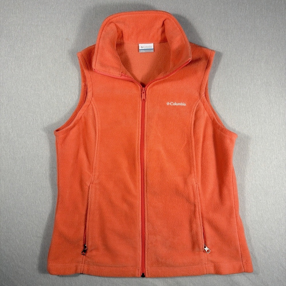 Columbia Womens Large Full Zip Quilted Fleece Vest Pockets Orange